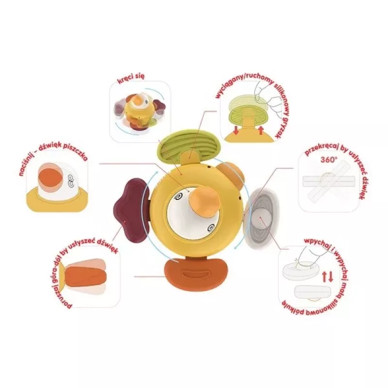 Pato de peluche sensorial interactivo Ascato 122946 — textura suave, diseño multicolor