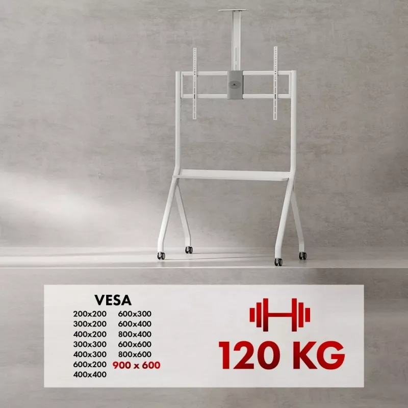 Soporte de TV de suelo MACLEAN MC-114 W para pantallas 55 inch–100 inch, blanco, VESA hasta 900x600, carga máxima 120 kg, altura 115–152 cm, estante