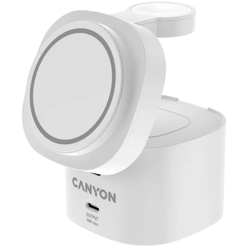 Estación de carga inalámbrica 4 en 1 Canyon, máx. 30 W, tamaño: 70x70x70,3 mm, peso: 414 g, con fuente de alimentación de 65 W y cable de 1 m, blanca