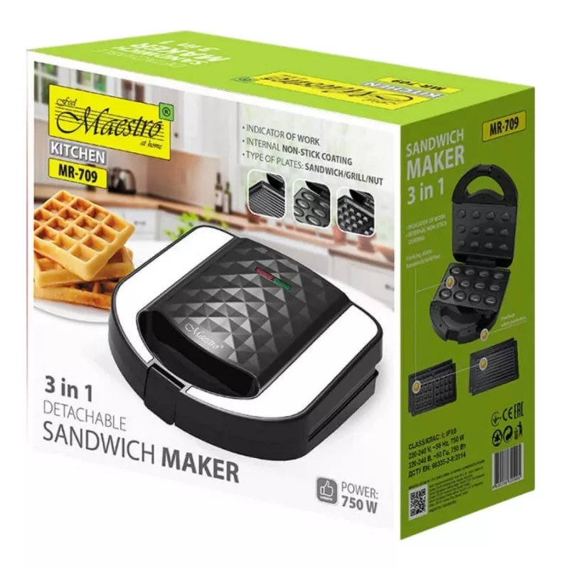 Tostadora sandwichera Maestro MR-709 3en1 750W — prensa para sándwiches, placas de parrilla y gofres, blanca
