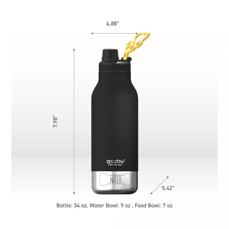 Asobu - Dog Bowl Buddy - Botella de acero inoxidable con 2 comederos negra