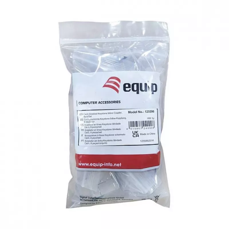 Conector hembra en línea Keystone Cat6 apantallado, set de 8, EQUIP — formato plano, RJ-45, 17×35,5×24,4 mm, plateado