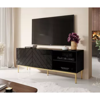 Mueble RTV ABETO sobre estructura de acero dorada 150x42x60 negro/negro brillante