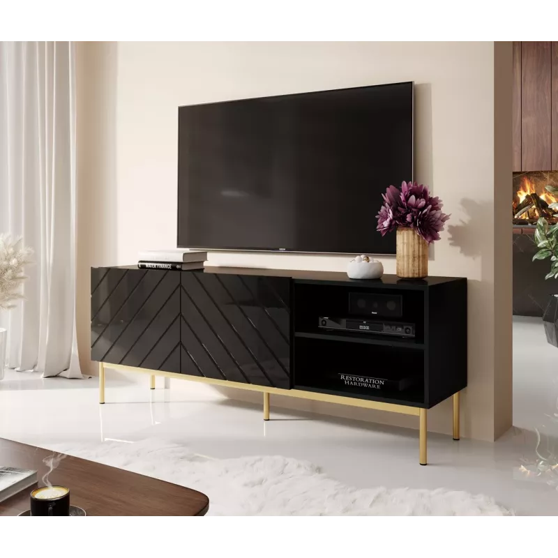 Mueble RTV ABETO sobre estructura de acero dorada 150x42x60 negro/negro brillante