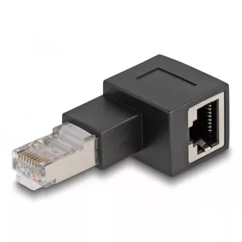 Adaptador DeLOCK conector macho RJ45 a conector hembra RJ45 Cat.6A acodado 90° a la izquierda negro
