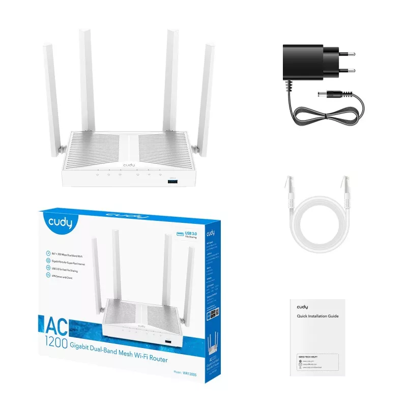 Router inalámbrico de sobremesa Cudy WR1300S — Doble banda 2,4/5 GHz, Wi‑Fi 5, Gigabit Ethernet, 4 LAN, USB, 4 antenas