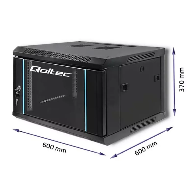 Qoltec 54465 armario rack de pared de 19 pulgadas 6U, 600 x 370 x 600 mm, puerta de vidrio templado, acero SPCC