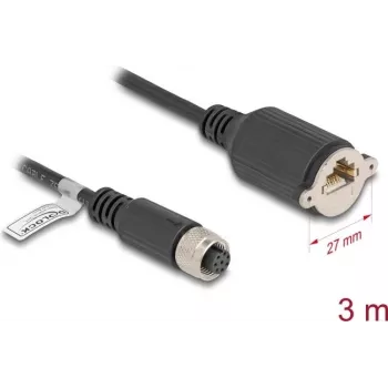 Cable de red DeLOCK cable M12 codificado A de 8 contactos conector hembra a RJ45 Cat.5e 3 m negro