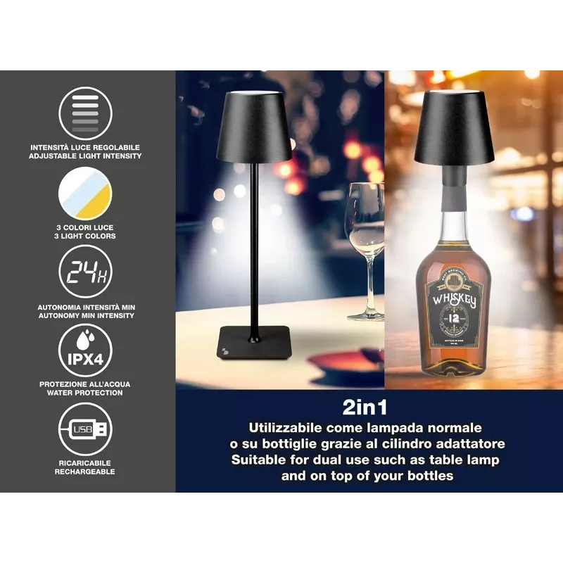 Beper P201UTP118 lámpara de mesa LED recargable, 1,5 W, interruptor táctil, regulable, adaptador para botella de 33 mm, resistente al agua, negra
