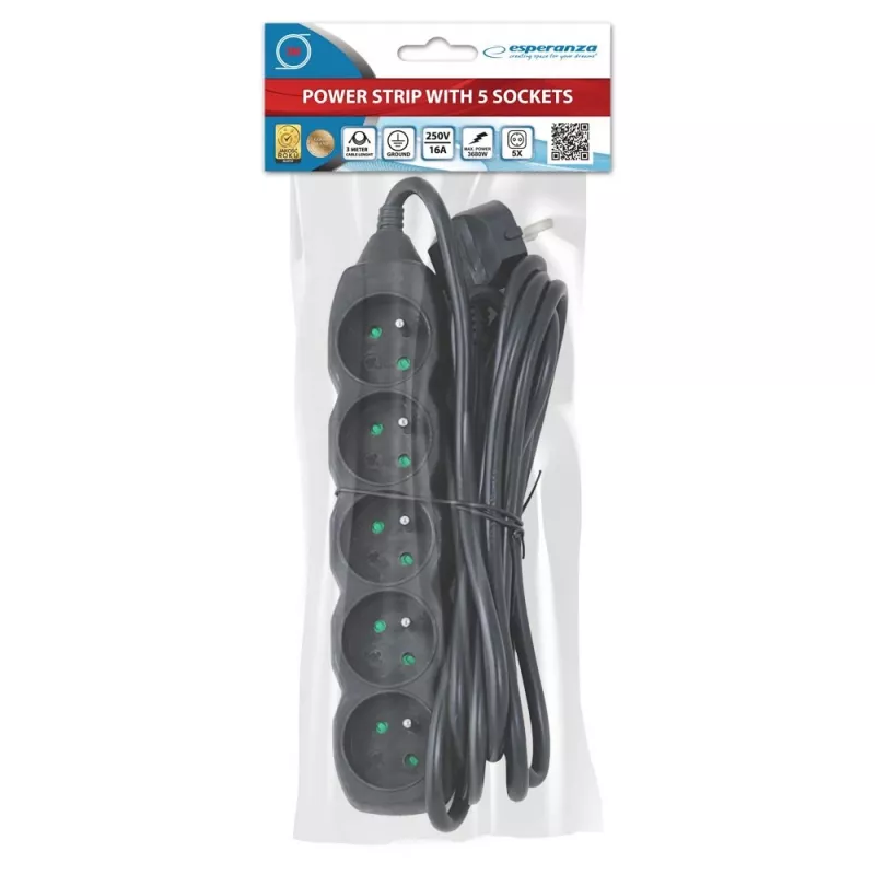Regleta ESPERANZA ELK208K — 5 tomas, cable de 3 m, negra