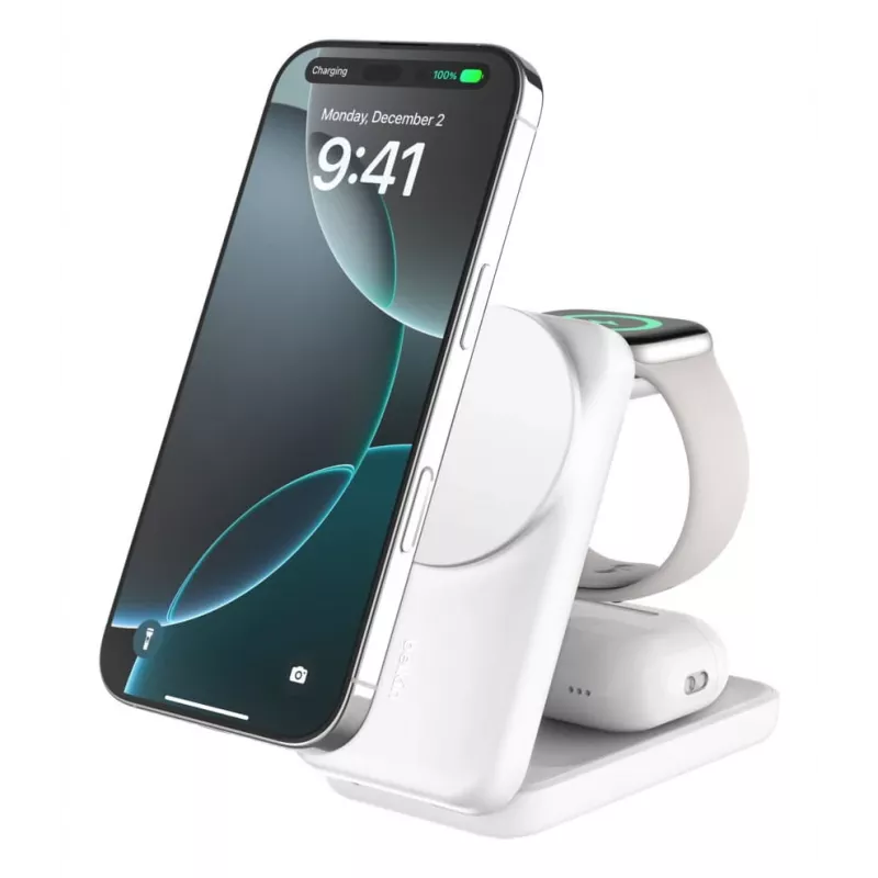 Cargador de interior Belkin UltraCharge 25W Qi2 Cargador magnético 3 en 1 UE Blanco Cuadrado