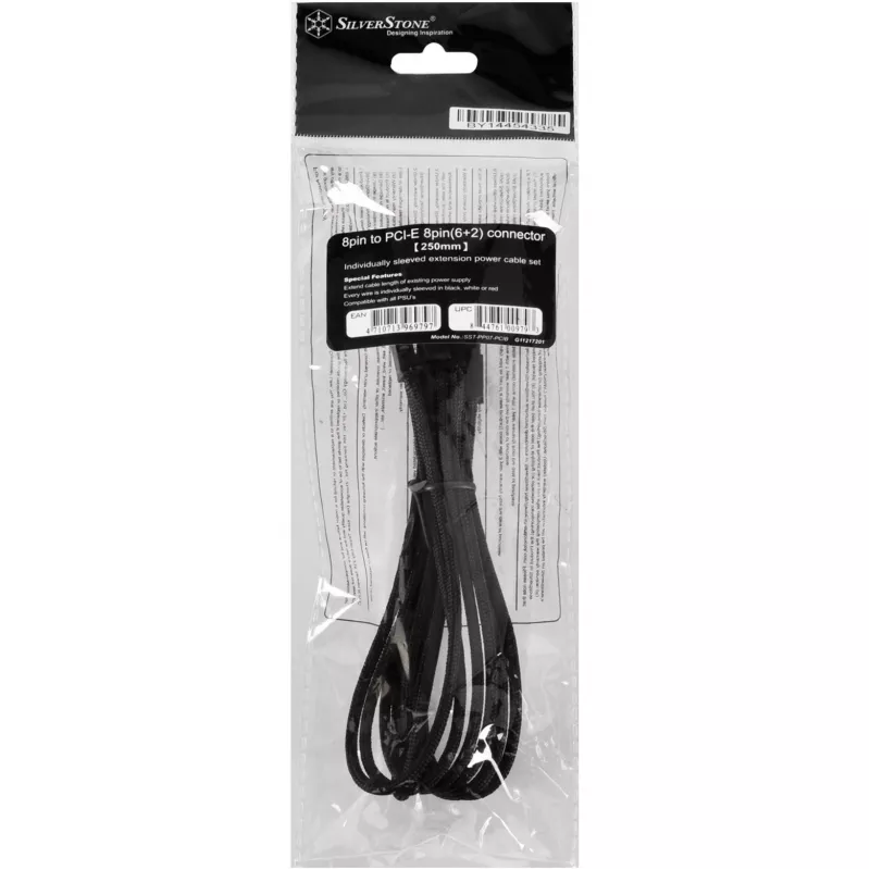 SilverStone SST-PP07-PCIB cable alargador PCIe de 8 pines a PCIe de 6+2 pines, 25 cm, negro