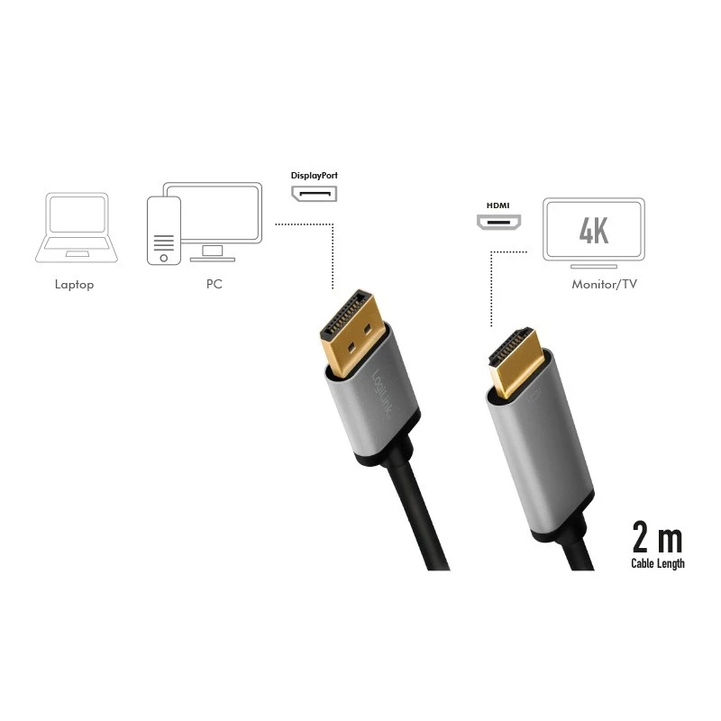 LogiLink CDA0107 Adaptador de cable de vídeo 2 m DisplayPort HDMI negro gris