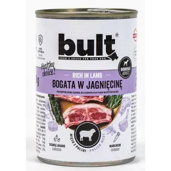 Comida húmeda para perros BULT rica en cordero 800 g — alimento completo para perros adultos en lata, 12 % proteína, 7,5 % grasa, 75 % humedad