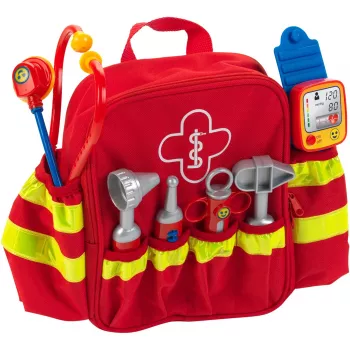 Theo Klein 4314 Mochila de rescate de emergencia I con estetoscopio, jeringa y mucho más I Medidor electrónico de tensión con sonido I Juguete para niños