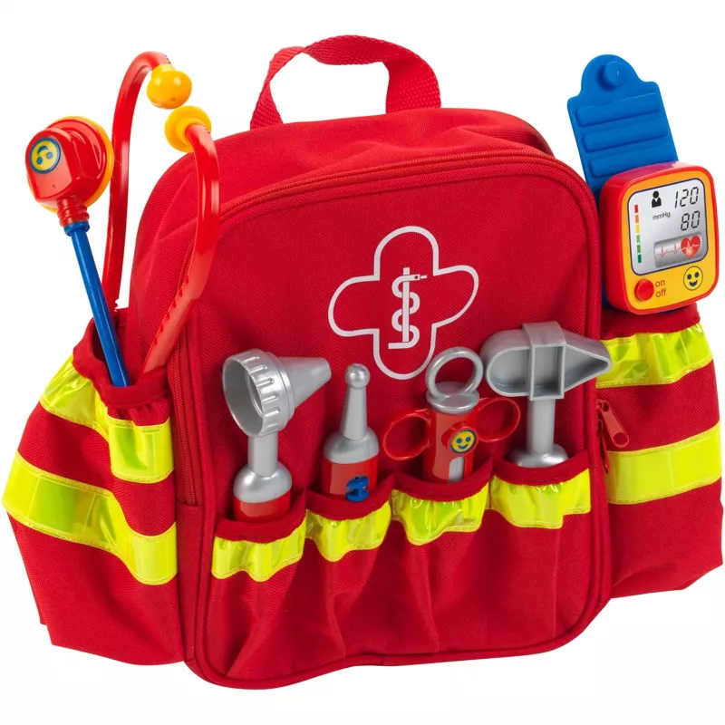 Theo Klein 4314 mochila de rescate de juguete con 6 accesorios médicos, incl. estetoscopio, jeringa, tensiómetro, 3+ años, roja