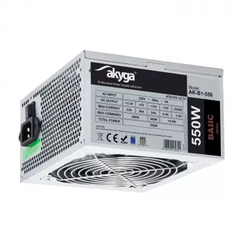 Fuente de alimentación ATX Akyga Basic AK-B1-550 550 W, ventilador de 120 mm, PFC pasivo, gris