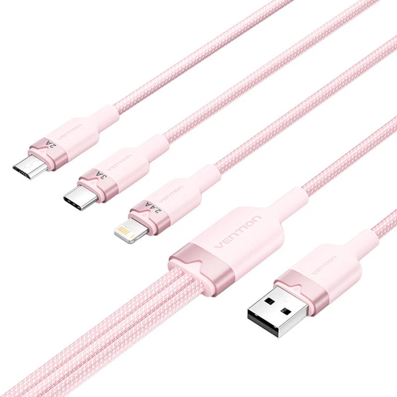 Cable USB 2.0 A a 3 en 1 3A Vention CTPPG 1,5 m rosa