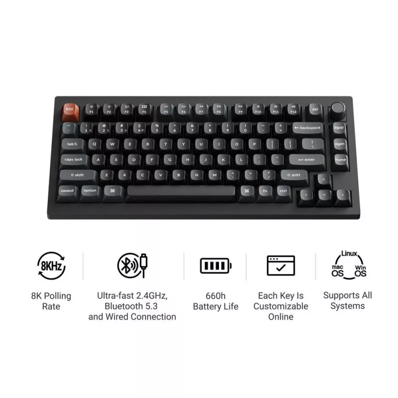 Teclado mecánico Keychron V1 Ultra 8K — 75 % QWERTY, Bluetooth, con cable, RGB, negro