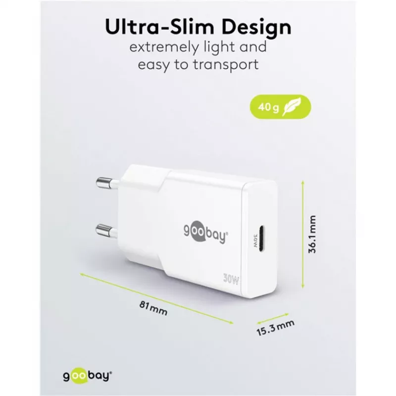 Cargador rápido fino USB-C PD GaN (30 W) (blanco)