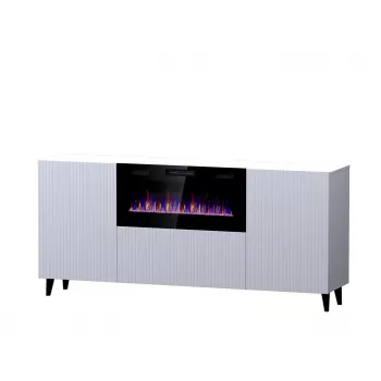 Cómoda con chimenea eléctrica Cama Meble PAFOS, 180 x 42 x 82 cm, blanco mate, 1400–1600 W, sin tiradores, 3 puertas, 2 estantes