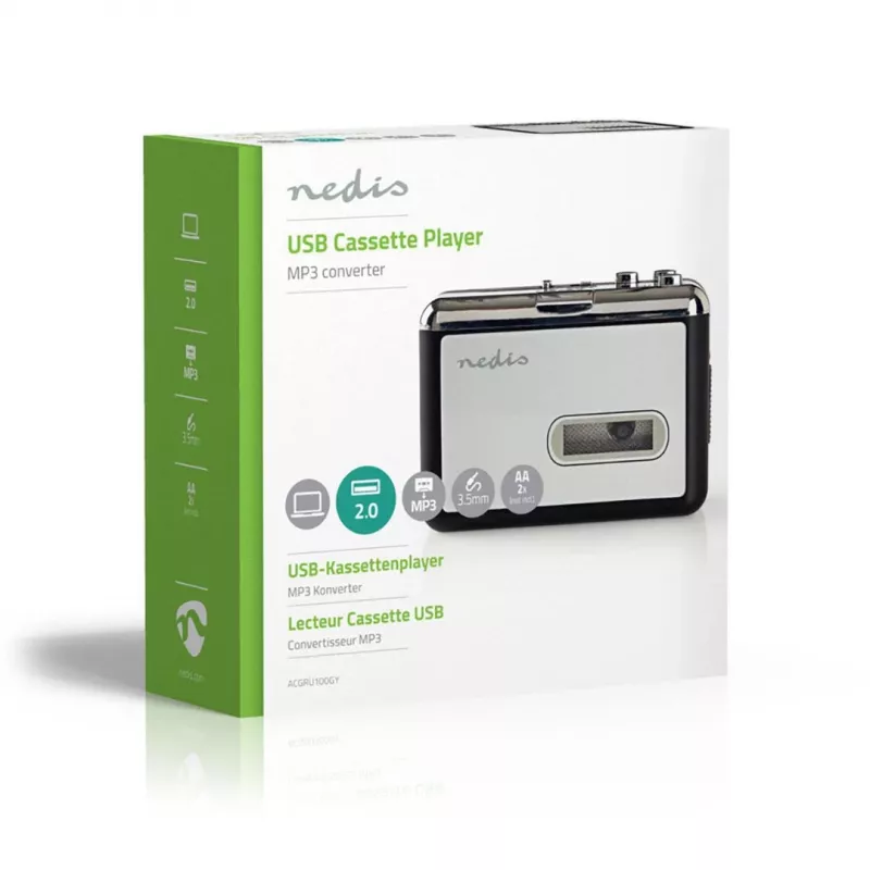 Nedis ACGRU100GY Convertidor de casete USB / 3,5 mm Alimentación USB/batería Gris