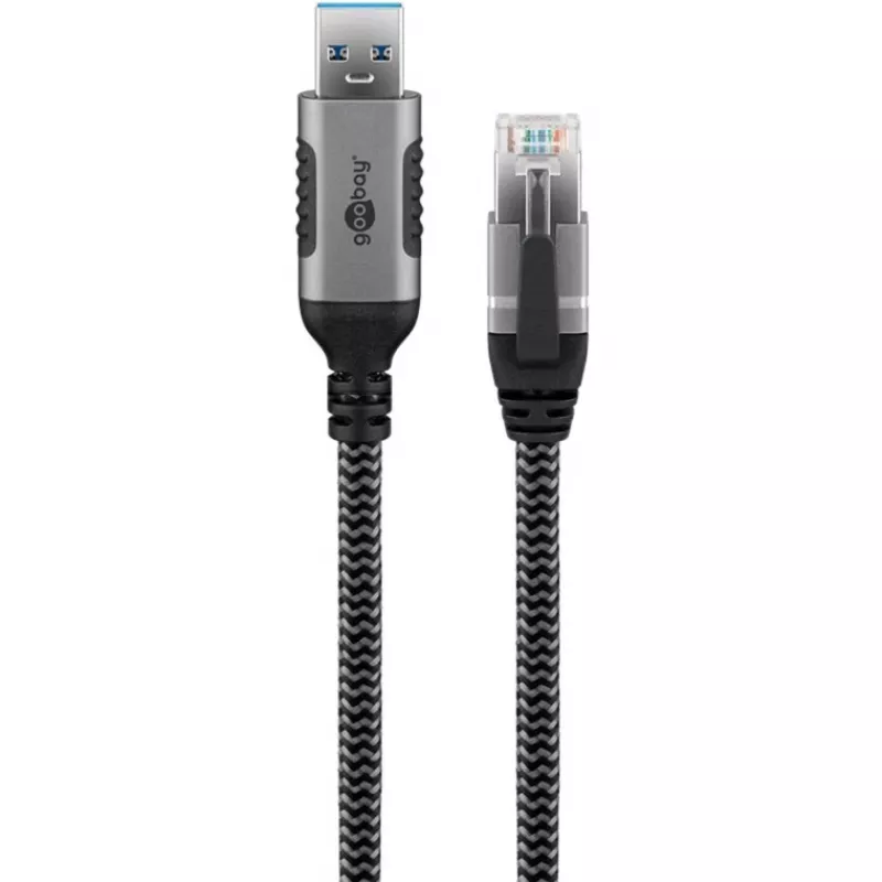 Cable Ethernet USB-A 3.2 Gen1 conector macho > conector macho RJ-45, adaptador LAN negro/plata, 3 metros, funda textil trenzada
