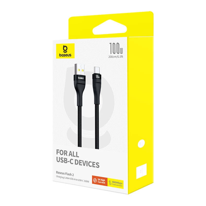 Baseus Flash 2 Cable de carga rápida USB A a USB C 2 m 100 W Negro