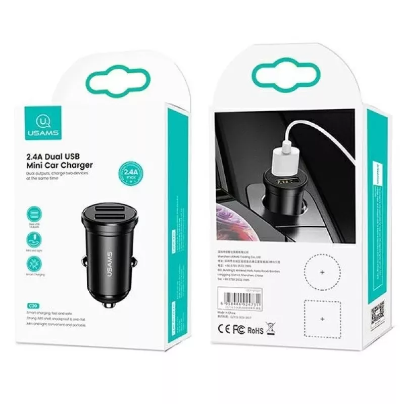 Cargador de coche usams USA000867 — Doble USB 2×2,4A, Negro