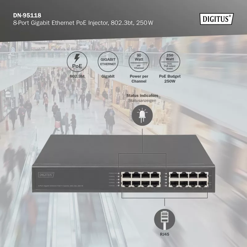 Inyector PoE Gigabit Ethernet de 8 puertos Digitus, 802.3bt, 250 W