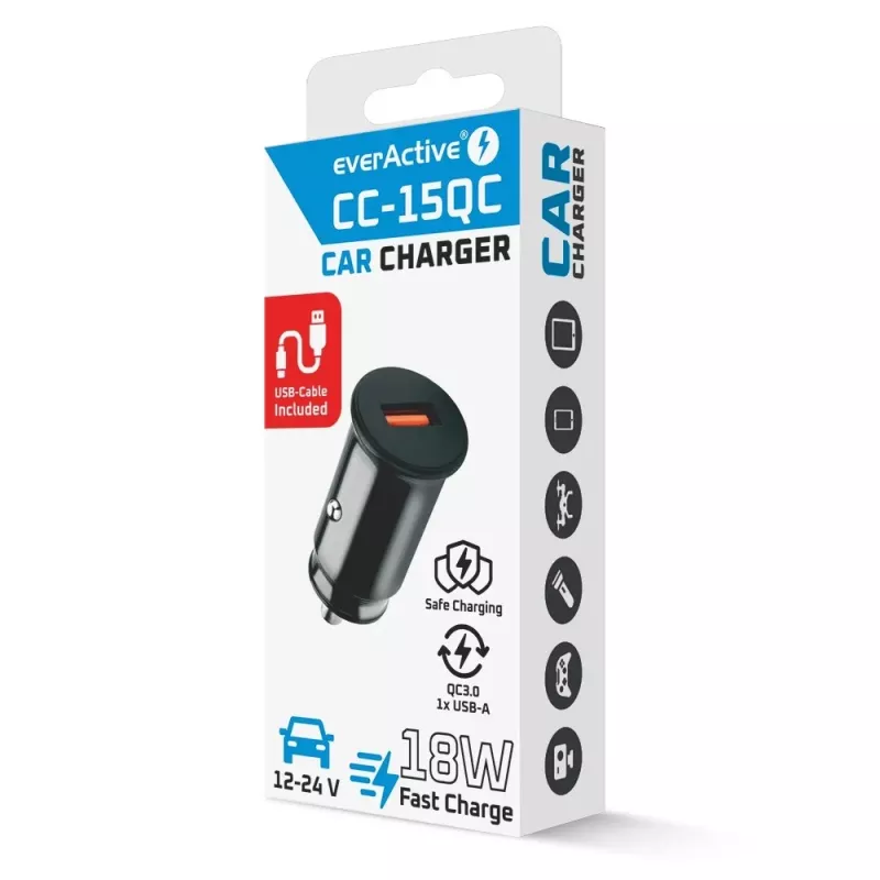 Cargador de coche everActive CC-15QC QC3.0 18W 1x USB con cable