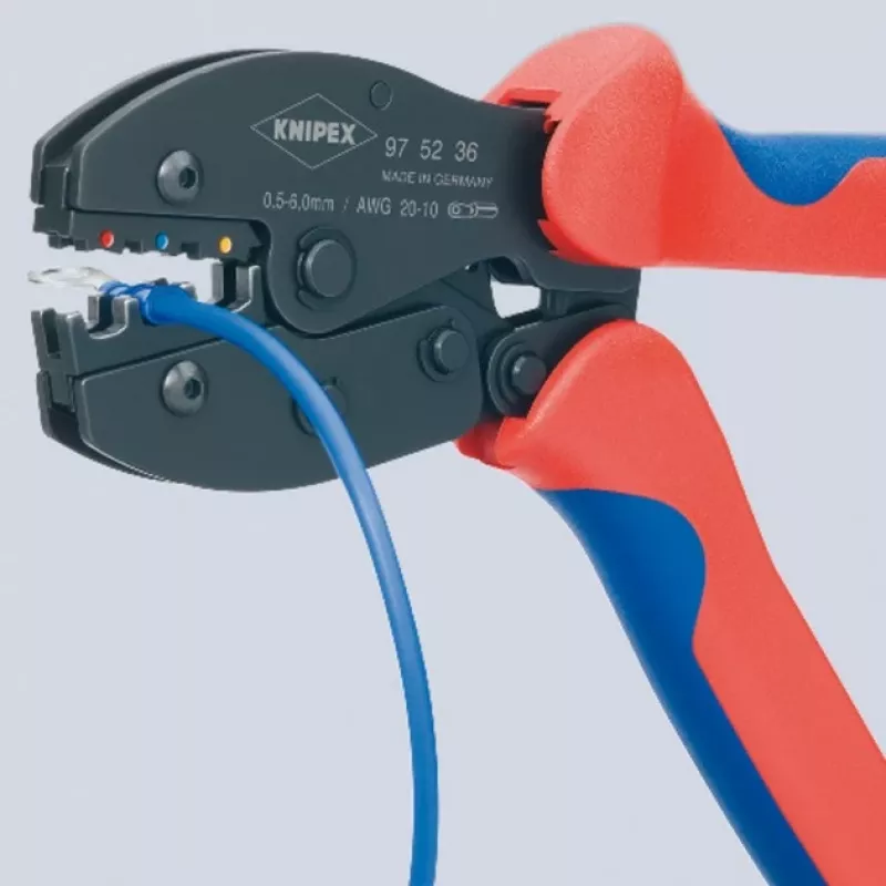 Knipex 97 52 36 PreciForce alicate de crimpado 220 mm, 0,5–6,0 mm², 3 cavidades de crimpado, rojo/azul