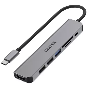 Hub USB-C Unitek 7en1 aluminio PD 100W 5 Gbps — adaptador multipuerto con Power Delivery