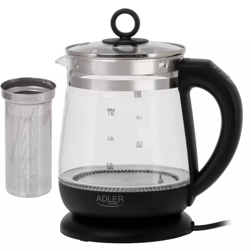 Adler Hervidor de agua | AD 1299 | Eléctrico | 2200 W | 1,5 L | Vidrio | Base giratoria 360° | Negro