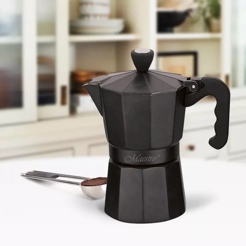 Cafetera moka Maestro MR-1666-3 negra, cafetera manual de aluminio para 3 tazas, 150 ml, negra