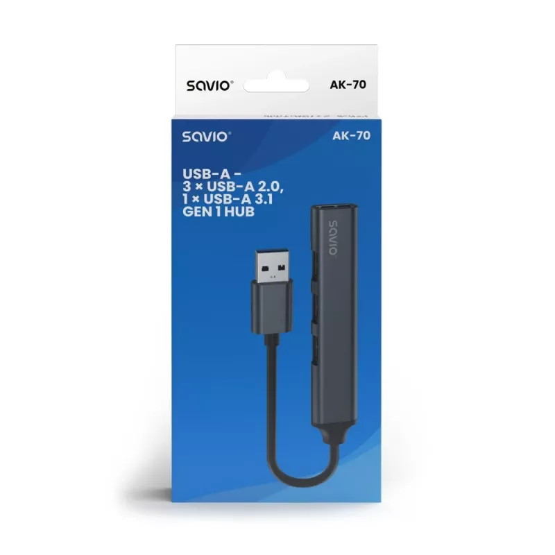 Savio AK-70 hub USB-A, 4 en 1: 3 x USB-A 2.0 + 1 x USB-A 3.1 Gen 1, 5 Gbps
