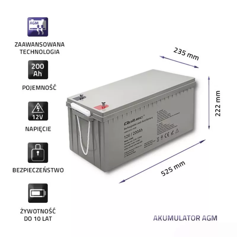 Batería AGM recargable QOLTEC 53069 12V 200Ah para alimentación de respaldo y sistemas SAI
