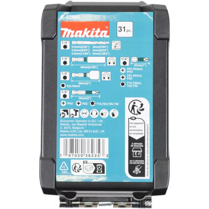 Juego de brocas Makita E-22866 — 31 piezas, varios tamaños para madera, metal, mampostería