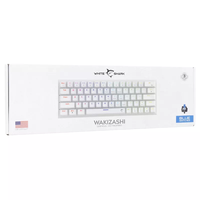 Teclado mecánico gaming White Shark Wakizashi WAKIZASHI-2-US-W-BLUE — distribución US, switches azules