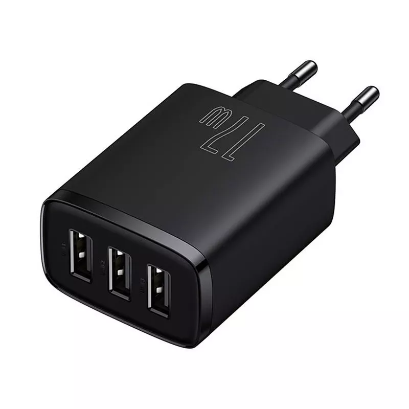 Baseus Cargador rápido compacto, 3x USB, 17 W (Negro)