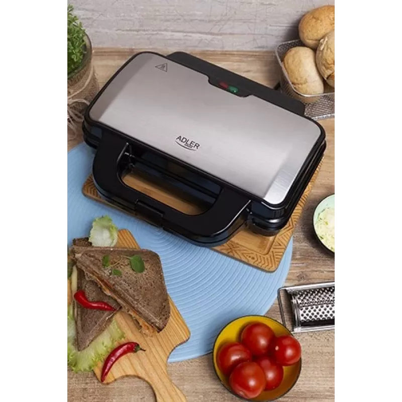 Sandwichera Adler AD 3043, 1300 W, placas antiadherentes, 2 sándwiches, superficie de cocción 285 × 152 mm, negra