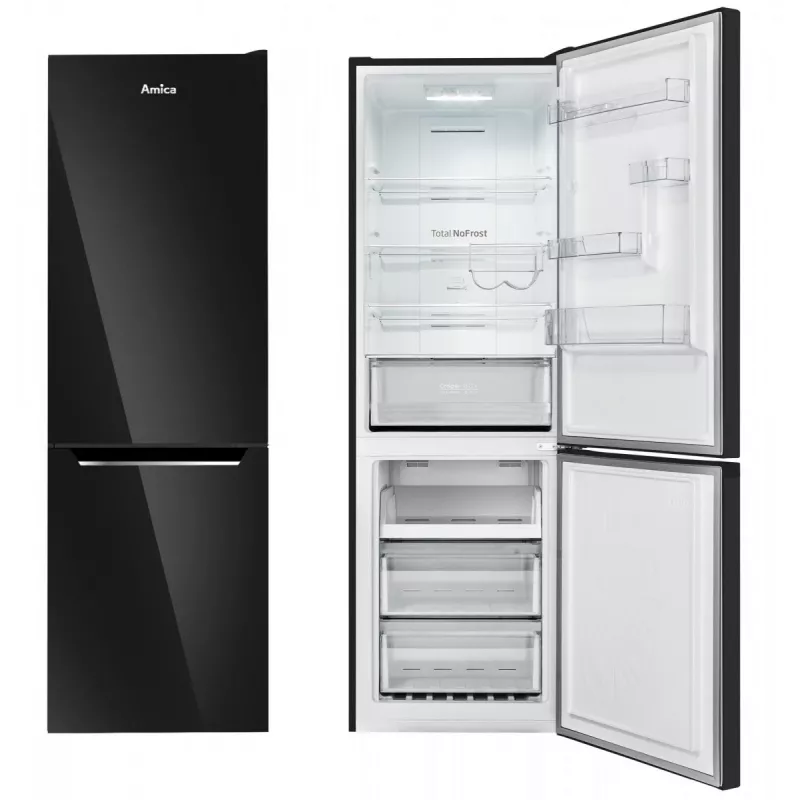 Amica FK3506D.2F(E) frigorífico combi, congelador inferior, 226 l frigorífico + 96 l congelador, Total No Frost, clase energética E, negro