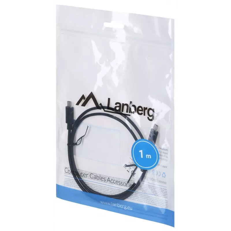 Cable USB 2.0 USB-C a USB-C LANBERG CA-CMCM-10CU-0010-BK 1 m, negro, 480 Mbit/s, contactos chapados en oro