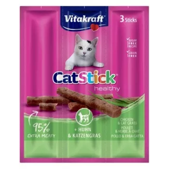 Snacks húmedos para gatos Vitakraft CatStick Mini pollo con hierba, 3 uds. — 18 g, sabor cárnico a pollo, 28% humedad