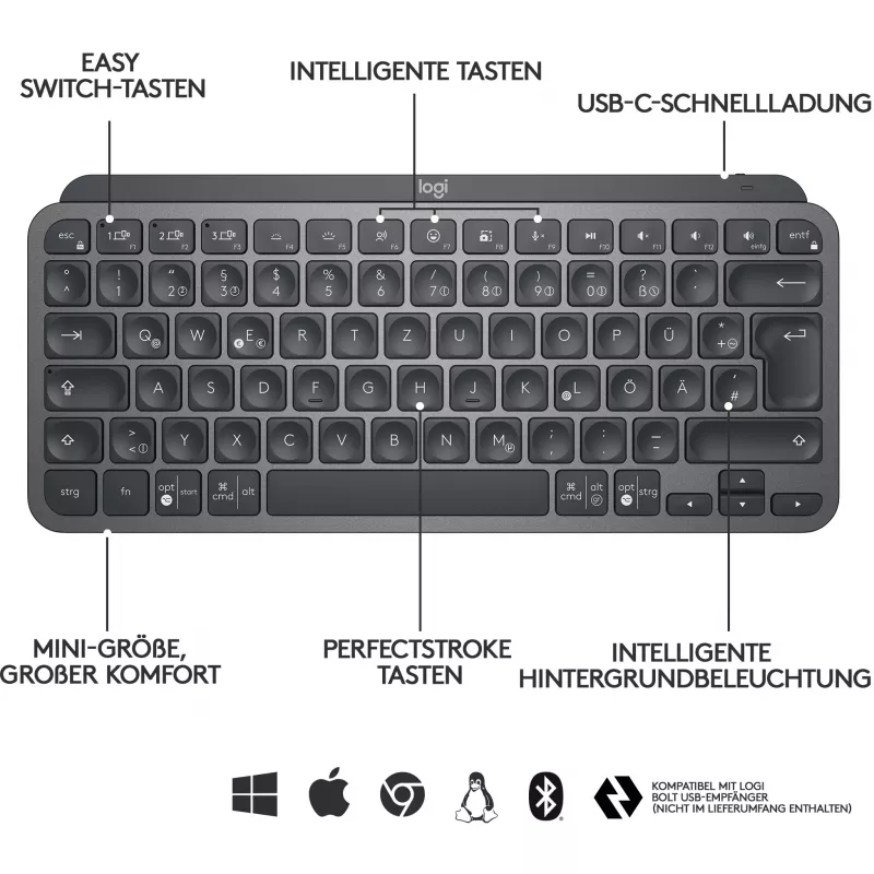 Logitech MX Keys Mini - Teclado - retroiluminado - Bluetooth - QWERTZ - Distribución suiza - Graphite (920-010485)