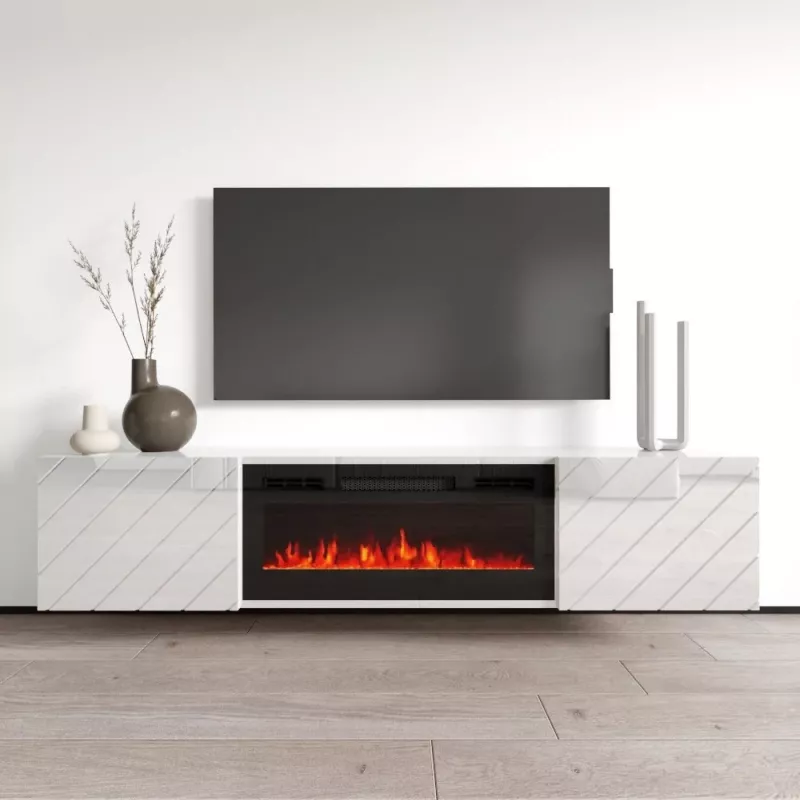 Mueble TV Cama Meble LUXE 1826×345×375 mm blanco brillante con chimenea eléctrica negra incorporada (1400–1600 W)