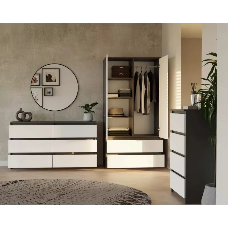 Armario top e shop MALWA SS-90, 90×180×50 cm, marco antracita, puertas batientes blancas, 2 cajones, laminado 16 mm