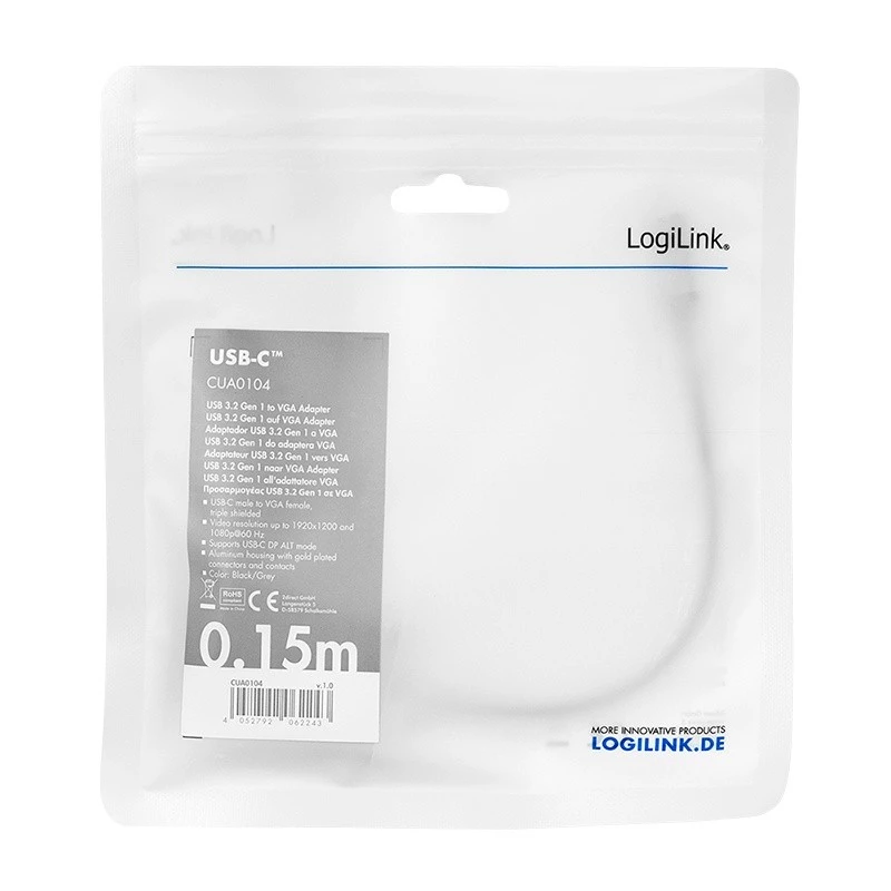 Cable adaptador de vídeo USB Type-C a VGA (D-Sub) LOGILINK CUA0104 0,15 m, gris/negro