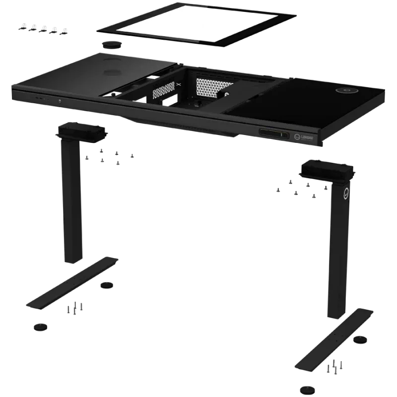 Mesa gaming de altura ajustable con doble motor, función sentado/de pie, caja de PC integrada, cargador inalámbrico, iluminación RGB, panel de control y puertos USB, tablero de vidrio templado, negro.
