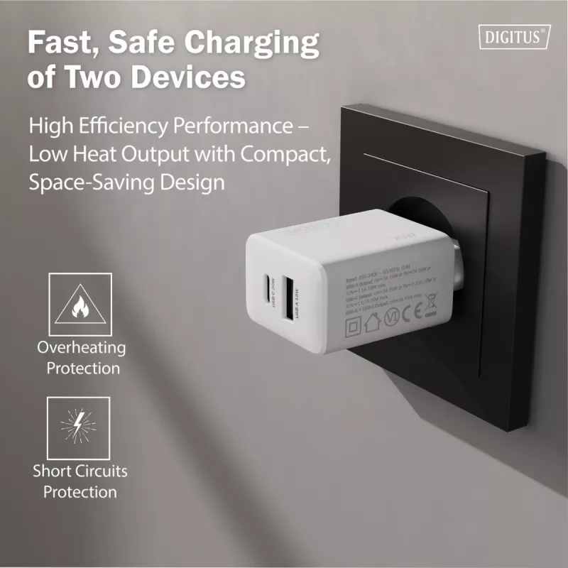 Cargador USB de pared DIGITUS 20W, 1x USB-C, 1x USB-A, entrada 100–240V, blanco
